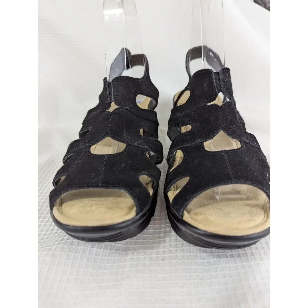NWOT! SKECHERS! BLACK STRAPPY FAUX SUEDE, VELCRO STRAP SANDALS, HEELS! SZ 7 - Picture 4 of 10